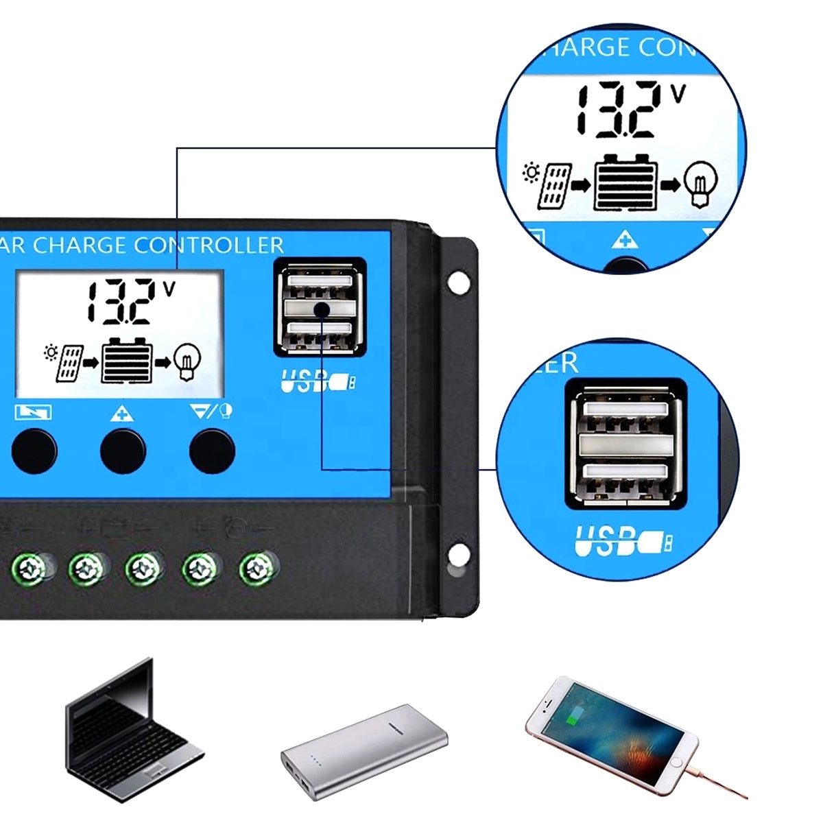 Controler/Regulator de incarcare panou solar, 12 - 24V, 30A, mini dual USB - imagine 6