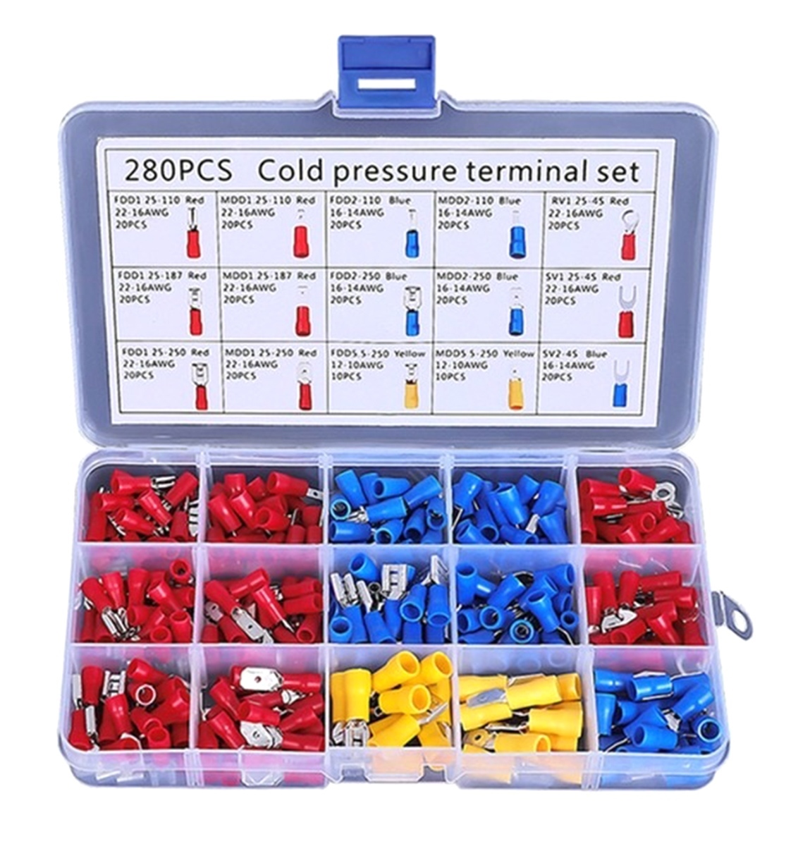 Set 280 de conectori de sertizare izolati, 15 tipuri, in carcasa de plastic - imagine 2