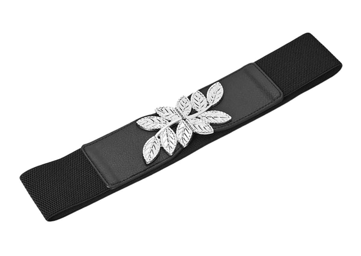 Curea elastica lata, culoare neagra, cu catarama metalica FRUNZE - imagine 7