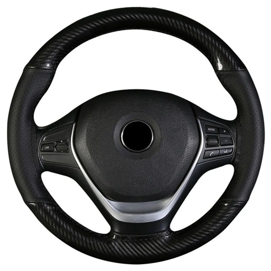 Husa volan din Piele Neagra Perforata + Carbon Black si ata neagra pentru cusut, marime M, diametru 37 - 39 cm - imagine 2