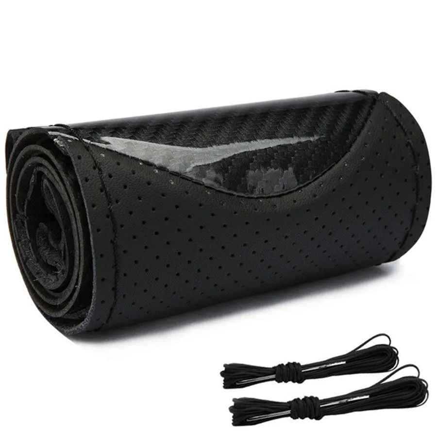 Husa volan din Piele Neagra Perforata + Carbon Black si ata neagra pentru cusut, marime M, diametru 37 - 39 cm - imagine 3