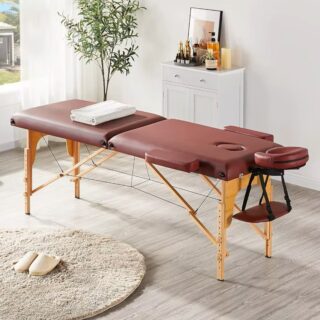 Masa de masaj pliabila, 2 zone, cadru lemn, spuma 5cm, inaltime 55-76cm, piele ecologica, dimensiuni 60x213cm, culoare Burgundy