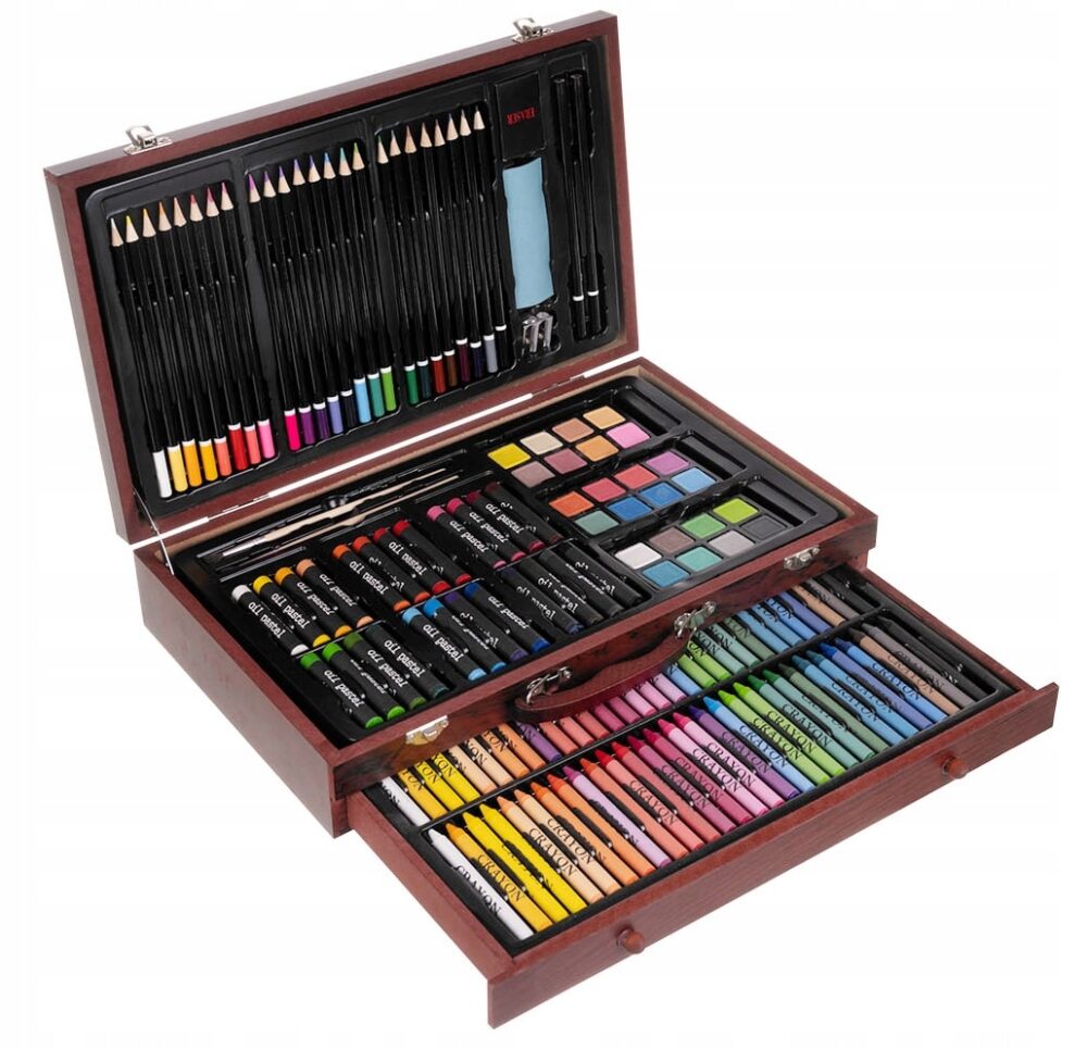 Set 142 piese pentru pictura, pentru copii sau adulti, pixuri de colorat, creioane colorate si vopsele de pictura, cu geanta de transport din LEMN MASIV, model AVX-WT-INGRES142 - imagine 4
